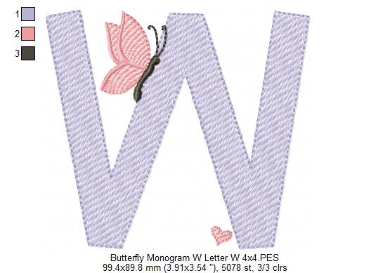 Monogram W Letter W Butterfly - Rippled Stitch