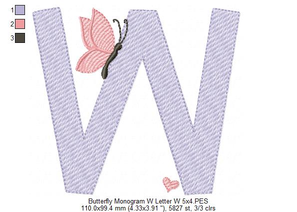 Monogram W Letter W Butterfly - Rippled Stitch