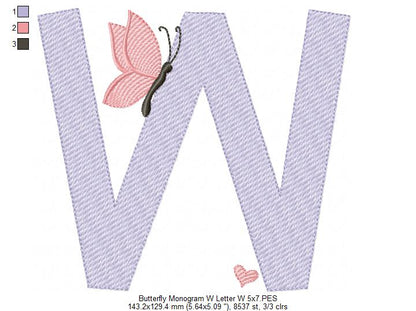 Monogram W Letter W Butterfly - Rippled Stitch