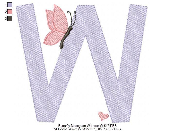 Monogram W Letter W Butterfly - Rippled Stitch