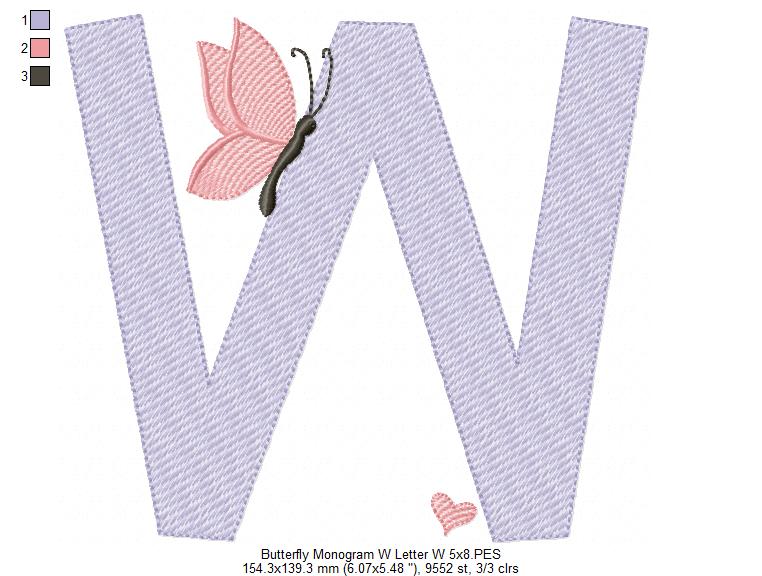 Monogram W Letter W Butterfly - Rippled Stitch