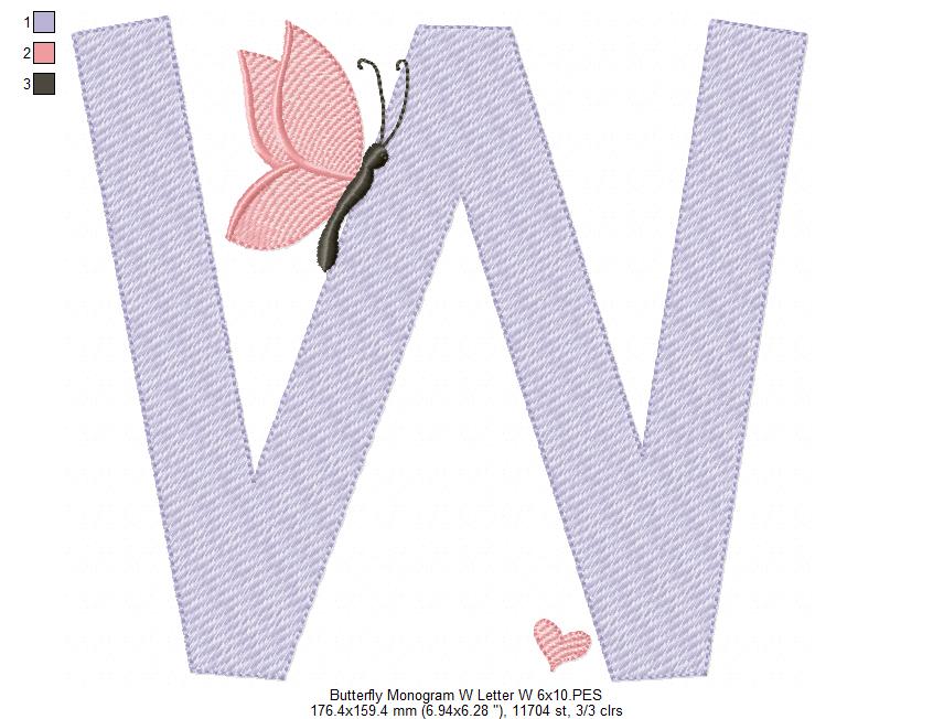 Monogram W Letter W Butterfly - Rippled Stitch