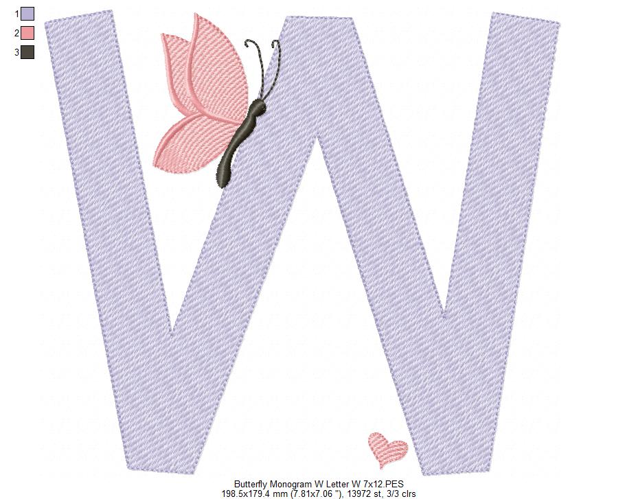 Monogram W Letter W Butterfly - Rippled Stitch