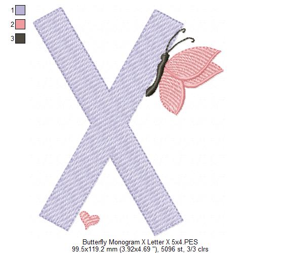 Monogram X Letter X Butterfly - Rippled Stitch