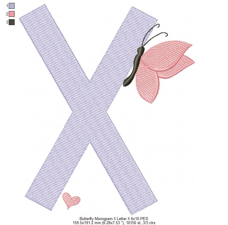 Monogram X Letter X Butterfly - Rippled Stitch