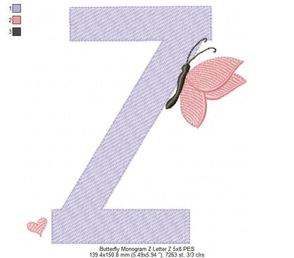 Monogram Z Letter Z Butterfly - Rippled Stitch