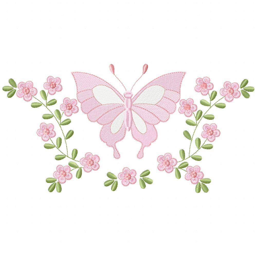 Delicate Butterfly and Flowers - Rippled Stitch - Machine Embroidery Design