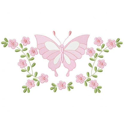 Delicate Butterfly and Flowers - Rippled Stitch - Machine Embroidery Design