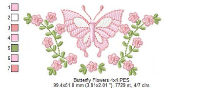 Delicate Butterfly and Flowers - Rippled Stitch - Machine Embroidery Design