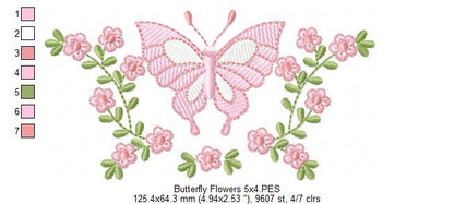 Delicate Butterfly and Flowers - Rippled Stitch - Machine Embroidery Design