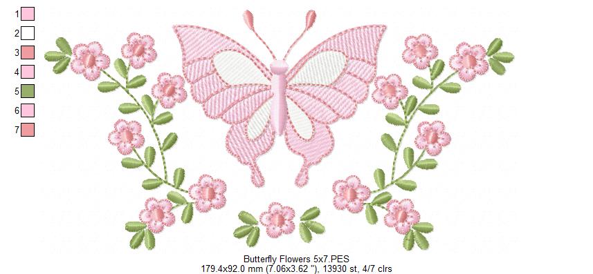 Delicate Butterfly and Flowers - Rippled Stitch - Machine Embroidery Design
