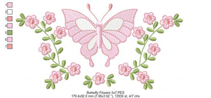 Delicate Butterfly and Flowers - Rippled Stitch - Machine Embroidery Design