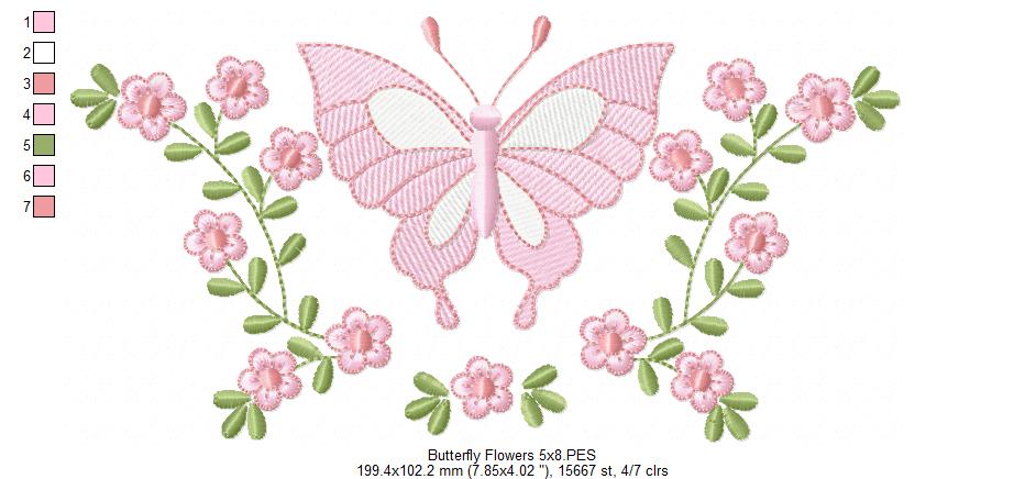 Delicate Butterfly and Flowers - Rippled Stitch - Machine Embroidery Design