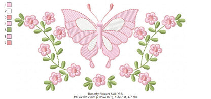 Delicate Butterfly and Flowers - Rippled Stitch - Machine Embroidery Design