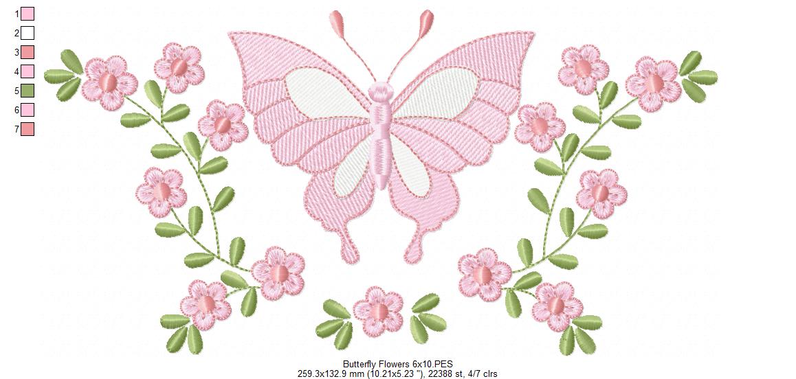 Delicate Butterfly and Flowers - Rippled Stitch - Machine Embroidery Design