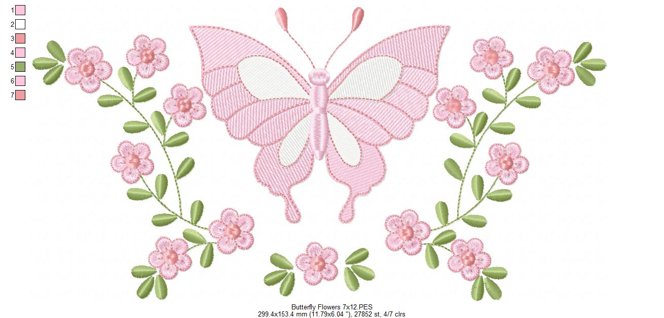 Delicate Butterfly and Flowers - Rippled Stitch - Machine Embroidery Design
