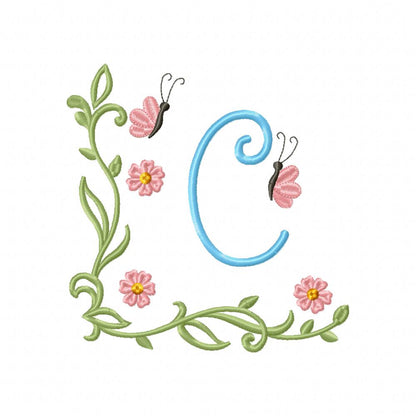 Little Garden Monogram C Letter C - Fill Stitch - Machine Embroidery Design