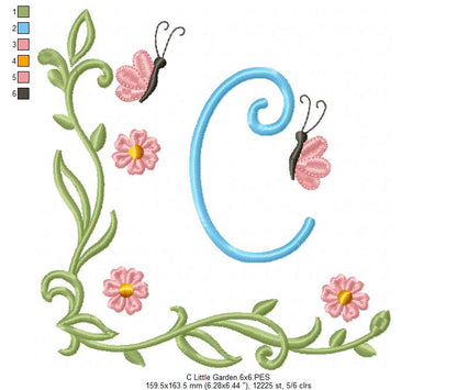 Little Garden Monogram C Letter C - Fill Stitch - Machine Embroidery Design