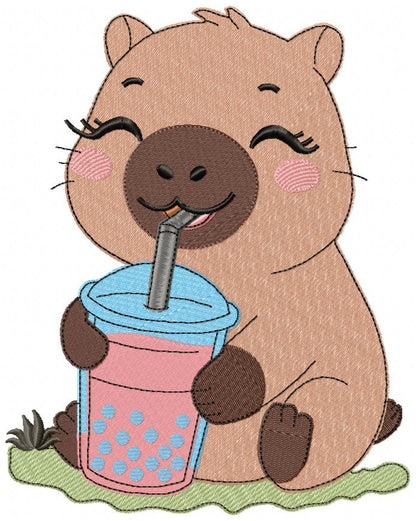 Cute Capybara with Boba Drink 💕 – Fill Stitch – Machine Embroidery