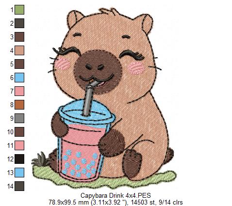Cute Capybara with Boba Drink 💕 – Fill Stitch – Machine Embroidery