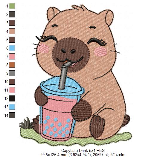 Cute Capybara with Boba Drink 💕 – Fill Stitch – Machine Embroidery