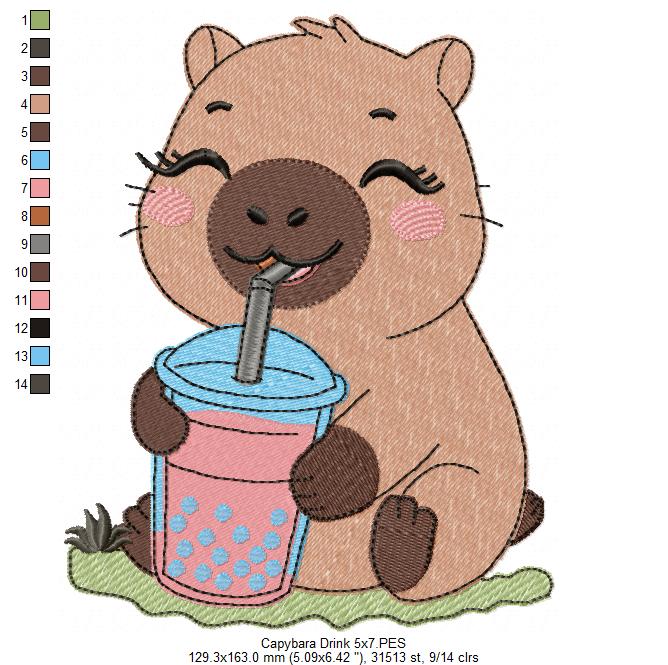 Cute Capybara with Boba Drink 💕 – Fill Stitch – Machine Embroidery
