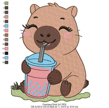 Cute Capybara with Boba Drink 💕 – Fill Stitch – Machine Embroidery