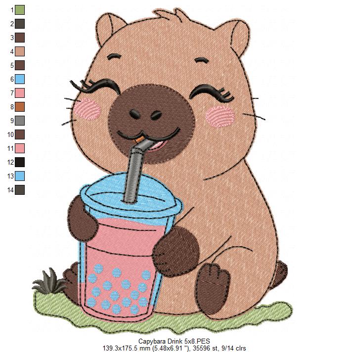 Cute Capybara with Boba Drink 💕 – Fill Stitch – Machine Embroidery
