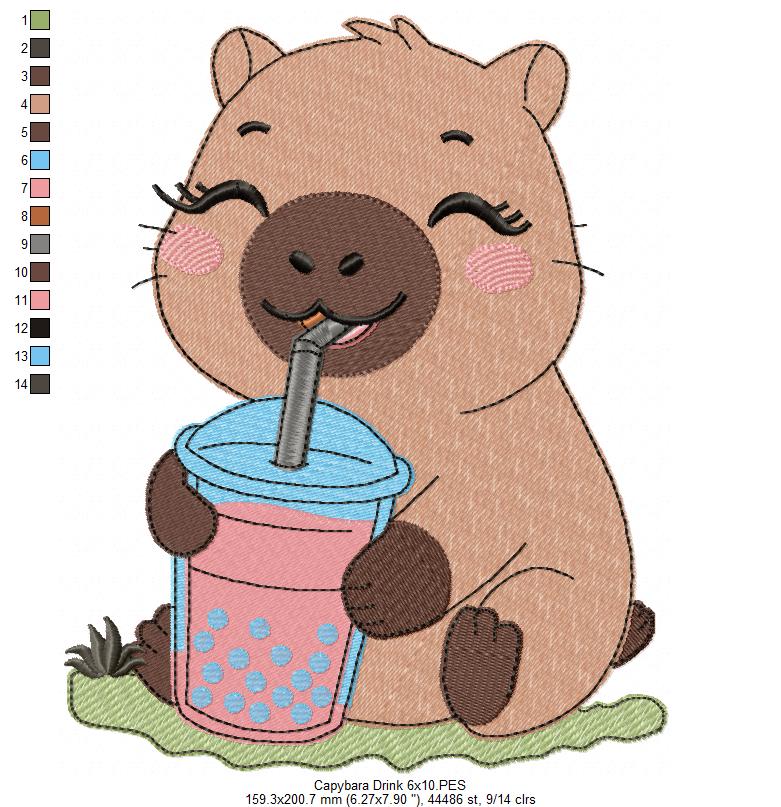 Cute Capybara with Boba Drink 💕 – Fill Stitch – Machine Embroidery
