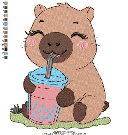 Cute Capybara with Boba Drink 💕 – Fill Stitch – Machine Embroidery