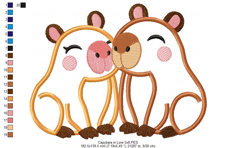Snuggly Capybaras in Love – Applique – Machine Embroidery Design