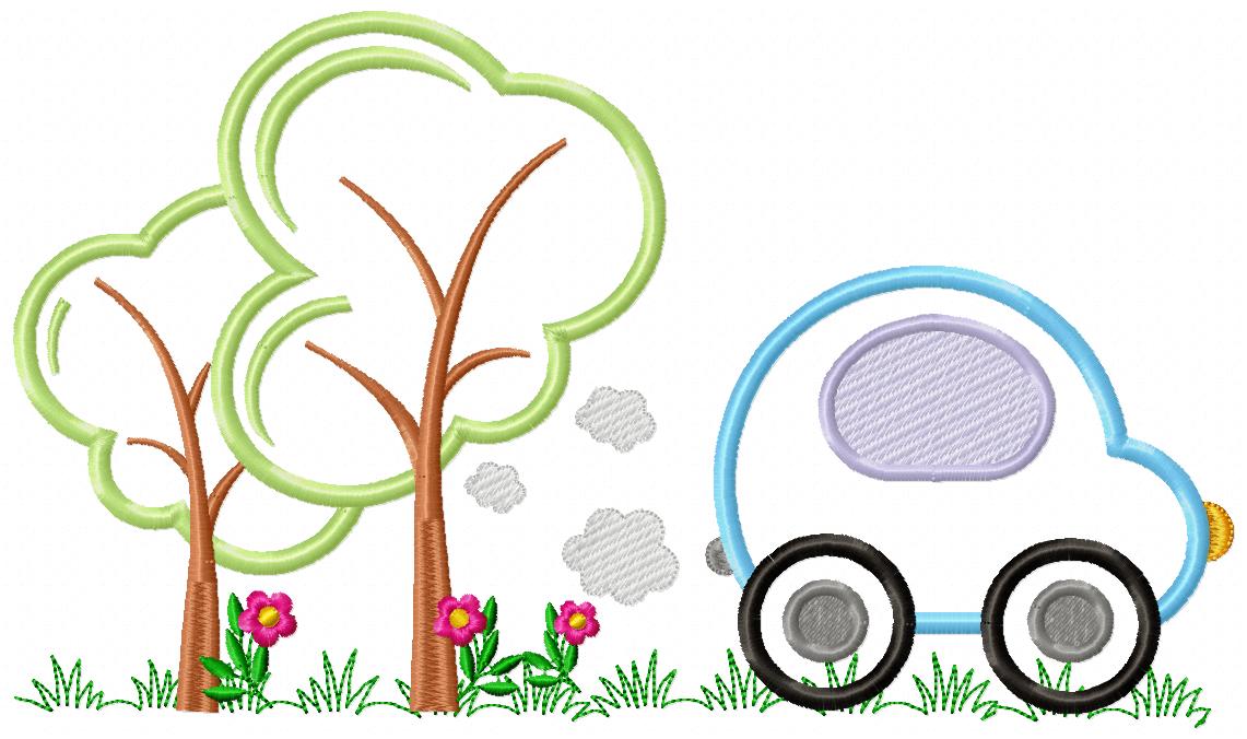 Sweet Little Car and Trees Scene - Appliqué – Machine Embroidery Design
