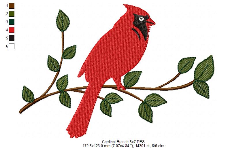 Cardinal on the Branch - Fill Stitch - Machine Embroidery Design