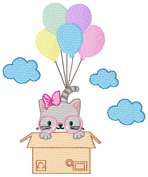 Cat Girl Flying in a Box - Fill Stitch Embroidery