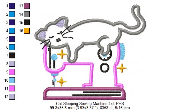 Cat Sleeping on a Sewing Machine - Applique - Machine Embroidery Design
