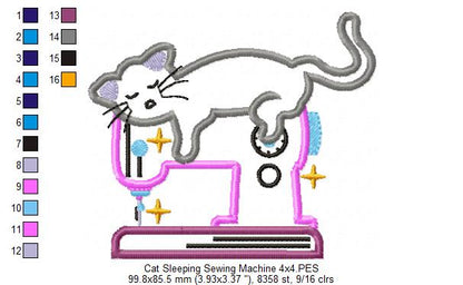 Cat Sleeping on a Sewing Machine - Applique - Machine Embroidery Design