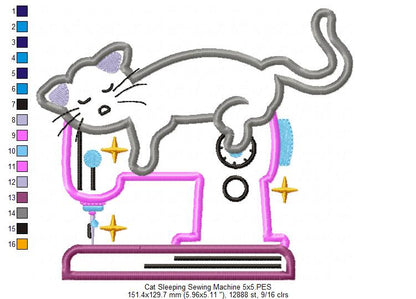 Cat Sleeping on a Sewing Machine - Applique - Machine Embroidery Design