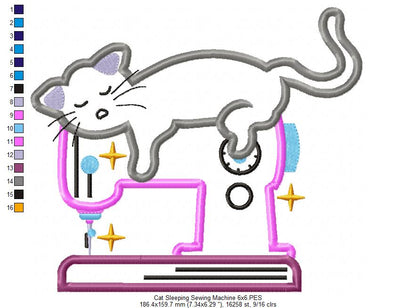 Cat Sleeping on a Sewing Machine - Applique - Machine Embroidery Design