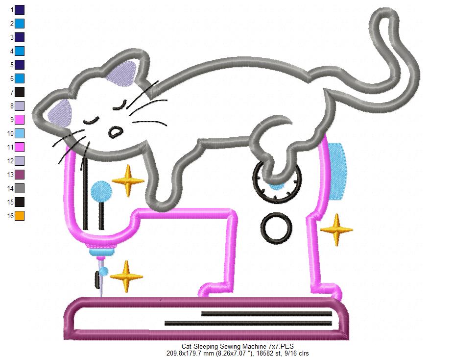 Cat Sleeping on a Sewing Machine - Applique - Machine Embroidery Design