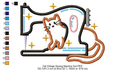 Vintage Sewing Machine and a Cat - Applique - Machine Embroidery Design