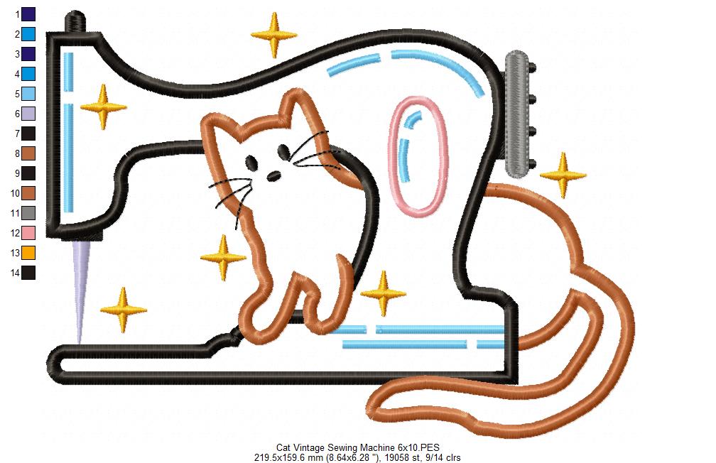Vintage Sewing Machine and a Cat - Applique - Machine Embroidery Design