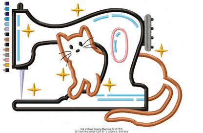 Vintage Sewing Machine and a Cat - Applique - Machine Embroidery Design