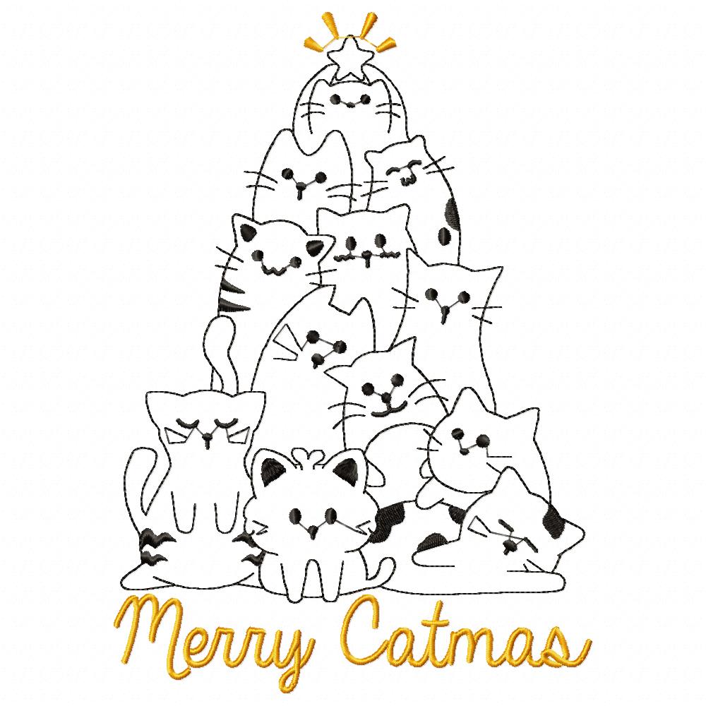 Cat Tree Merry Catmas - Redwork Stitch - Machine Embroidery Design