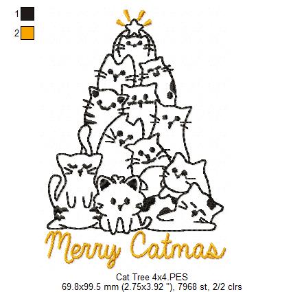 Cat Tree Merry Catmas - Redwork Stitch - Machine Embroidery Design