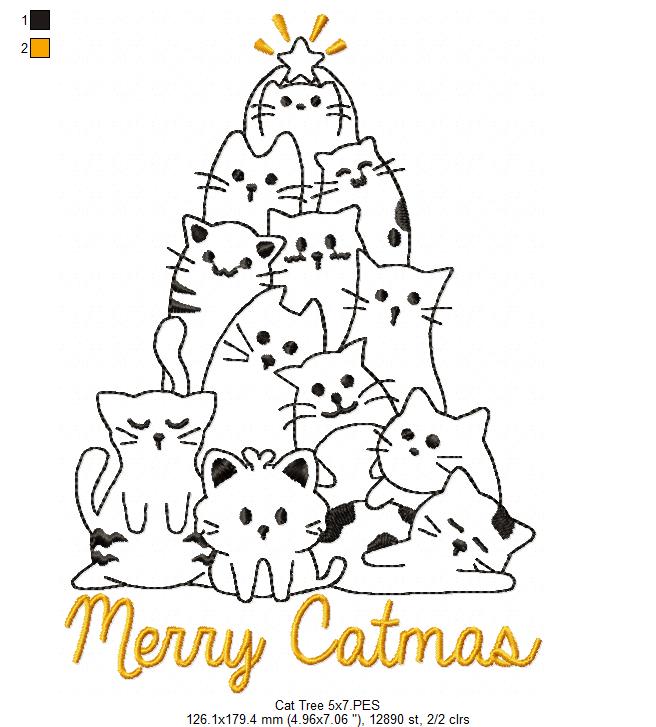 Cat Tree Merry Catmas - Redwork Stitch - Machine Embroidery Design