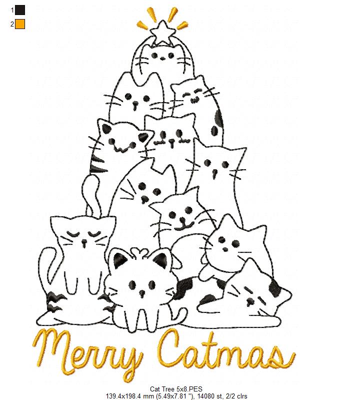 Cat Tree Merry Catmas - Redwork Stitch - Machine Embroidery Design