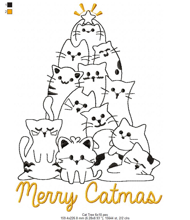 Cat Tree Merry Catmas - Redwork Stitch - Machine Embroidery Design