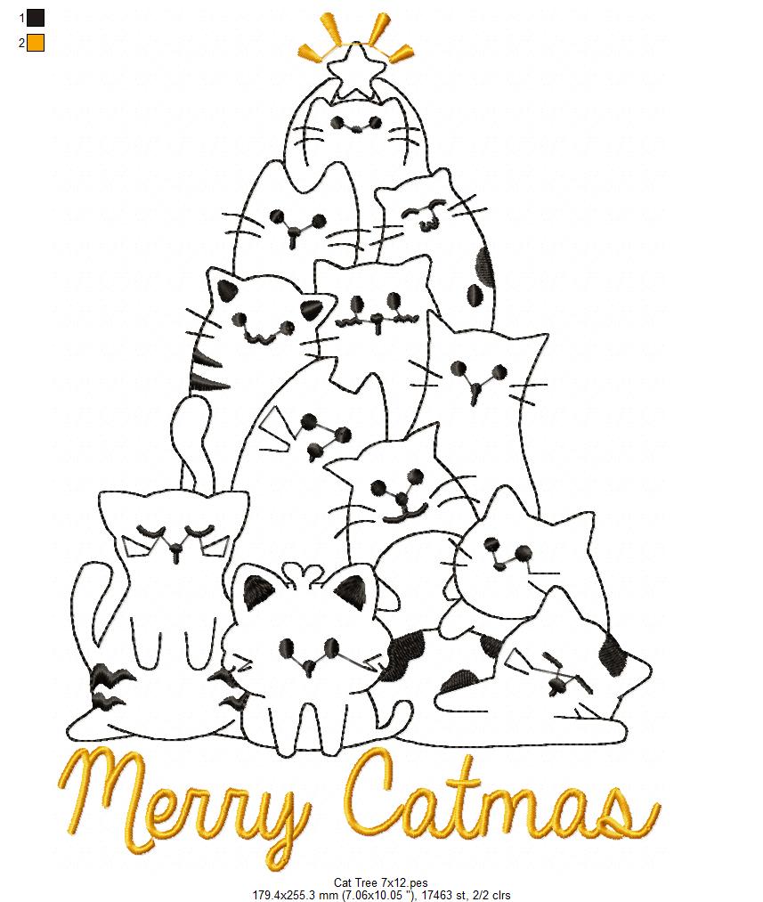 Cat Tree Merry Catmas - Redwork Stitch - Machine Embroidery Design