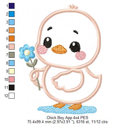 Chick Boy with Flower - Applique - Machine Embroidery Design