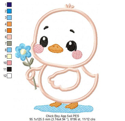 Chick Boy with Flower - Applique - Machine Embroidery Design